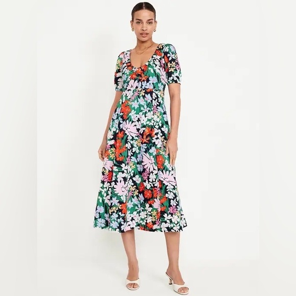 Old Navy Dresses & Skirts - Old Navy Women's Medium Petite Puff Sleeve Midi Swing Dress Floral Multi Bright